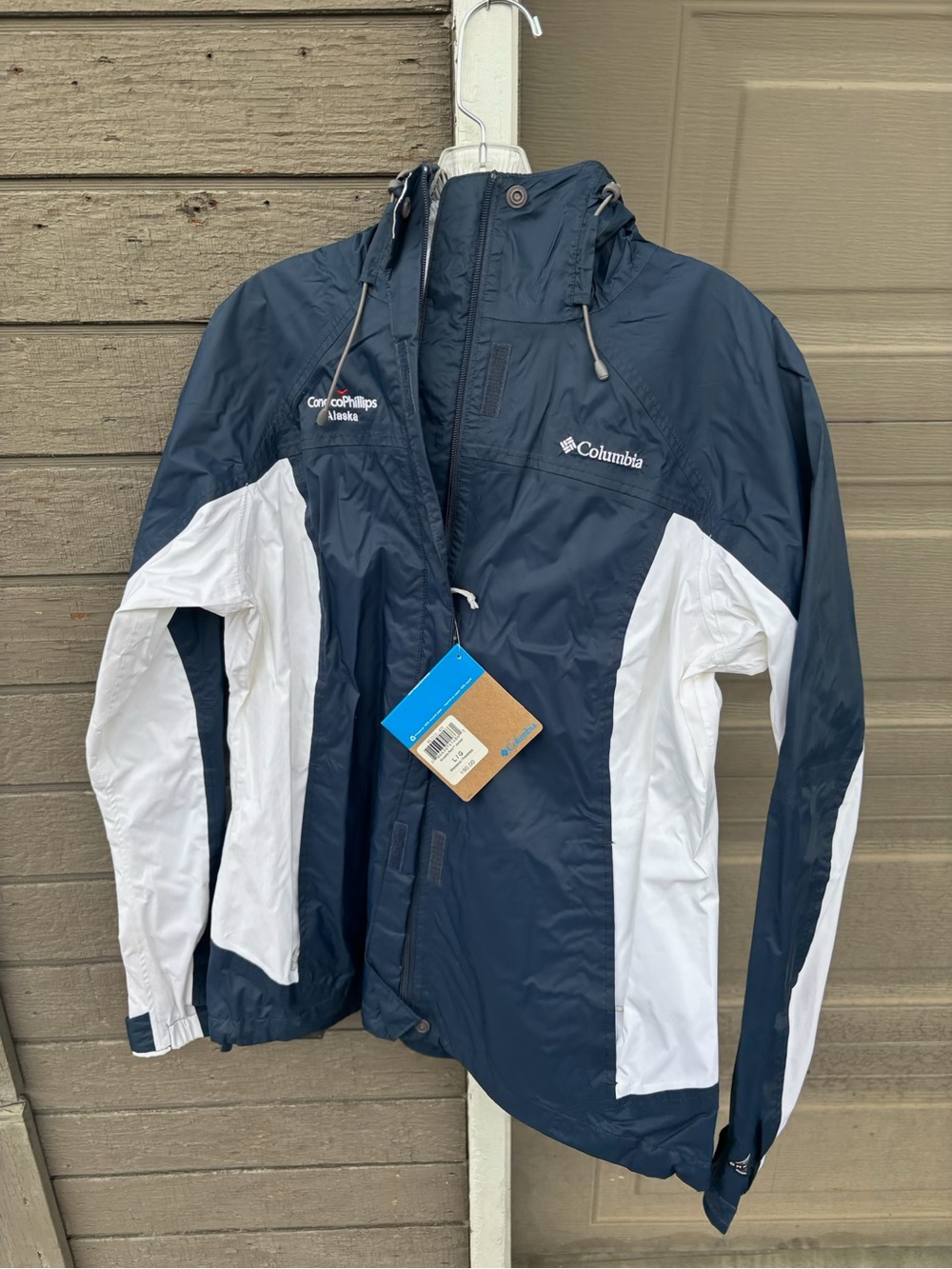 Columbia Navy and White Hooded Rain Shell